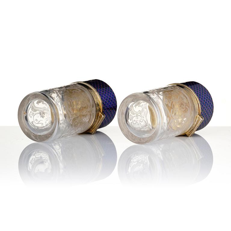 A pair of engraved and glass flacongs with gilt enamelled covers, France/Russia, 19th century.