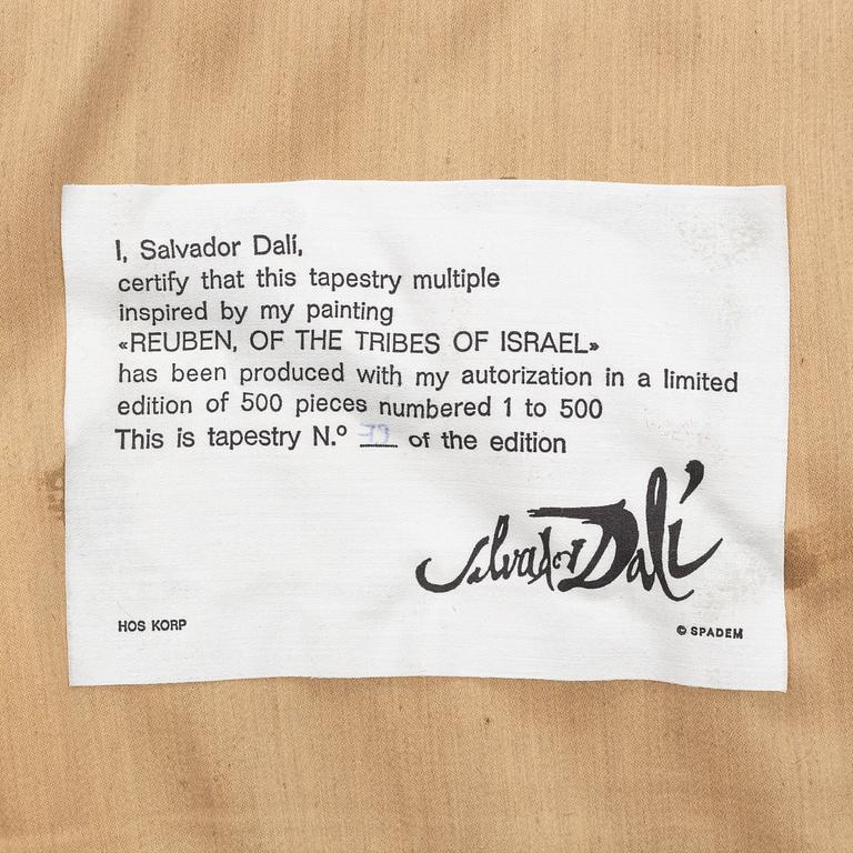 Salvador Dali, efter, vävnad, gobelängteknik, "Reuben, of the Tribes of Israel", etikettmärkt, Spadem.