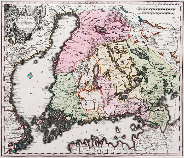 KARTA. Magni Ducatus Finlandiae. Matthäus Seutter, 1700-talets första hälft. Kolorerad.