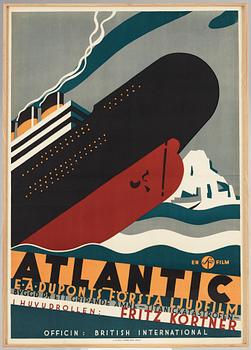 OTTO G CARLSUND, tillskriven, "Atlantic/Titanic". litografisk affisch, 1930, J Olséns Litografiska Anstalt, Sthlm.