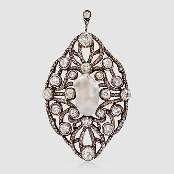 1150. An old-cut diamond and possibly natural baroque pearl brooch/pendant. Total carat weight of diamonds circa 7.00 cts.