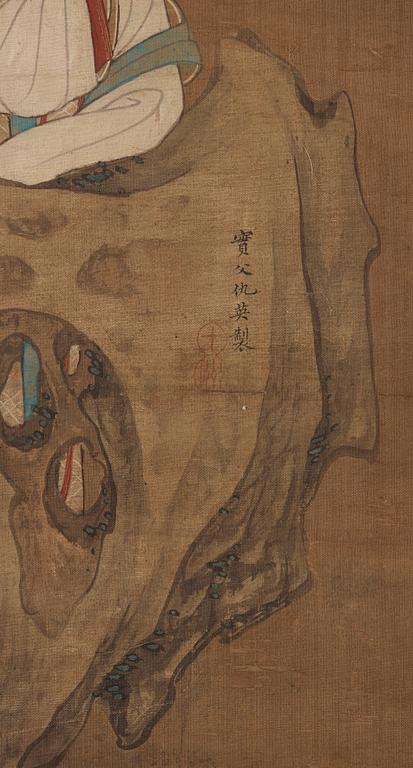 A hanging scroll of a garden scenery with ladys and maids, in the style of Qiu Ying, Qing dynasty, 19th century.