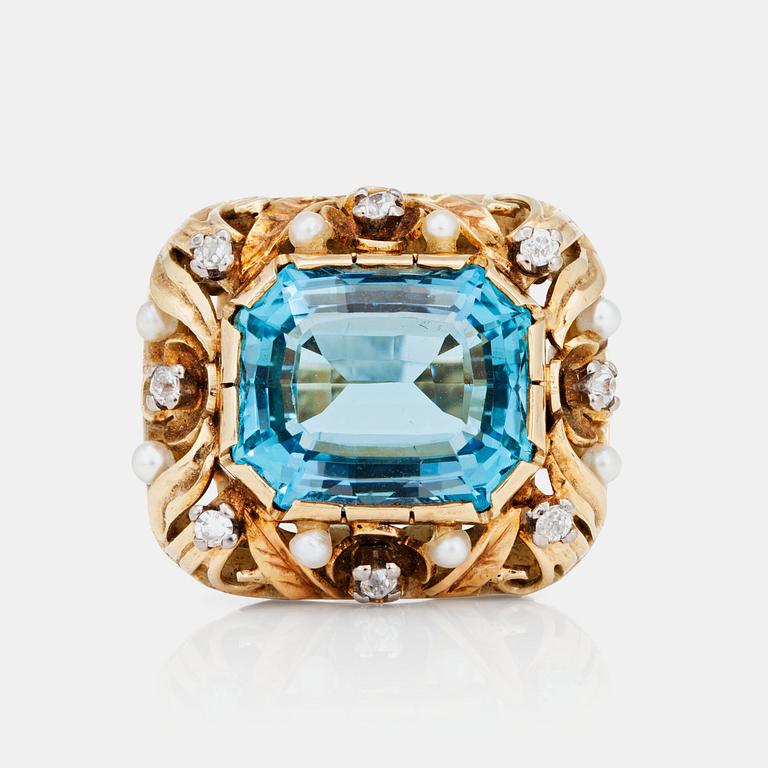 A circa 16.00 ct aquamarine, old-cut diamond and seedpearl ring.