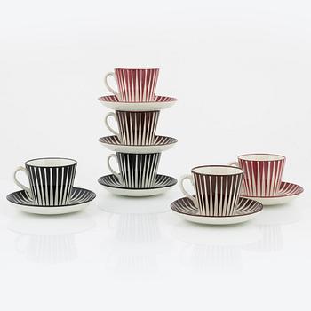 Eugen Trost, a set of six 'Zebra' coffee cups with saucers, Gefle, Upsala-Ekeby, Sweden.