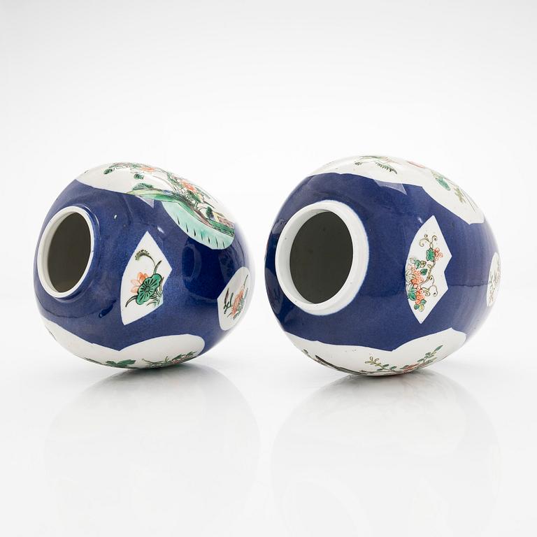 A pair of famille verte jars with covers, China mid 20th century.