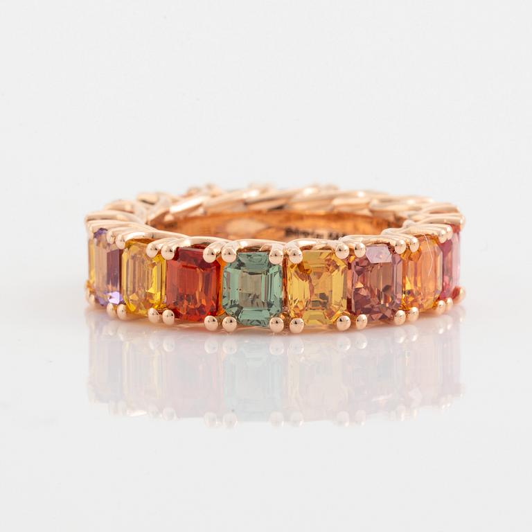 Emerald cut multi coloured sapphire ring.
