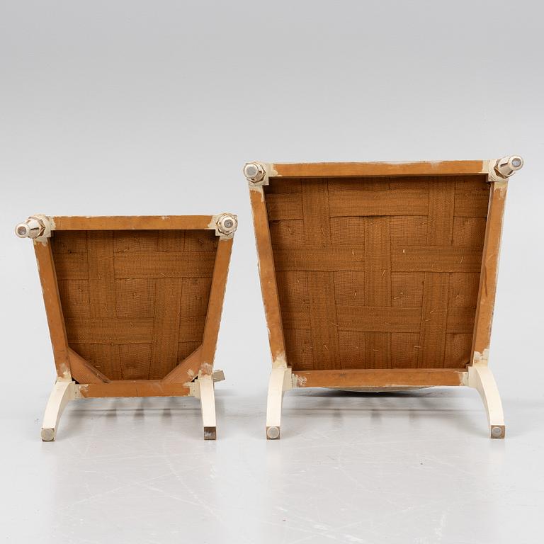 A pair of chairs and an armchair, late Gustavian style, early 20th century.