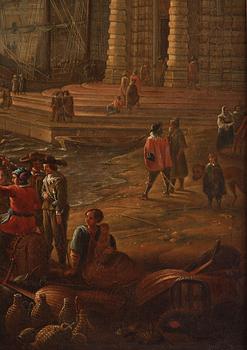 Hamnbild med Villa Medici och handelsmän.