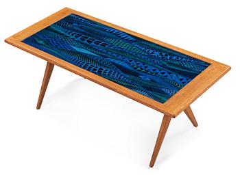 A Stig Lindberg enamel and oak sofa table, Gustavsberg and Nordiska Kompaniet, Triva series, Sweden 1950's.