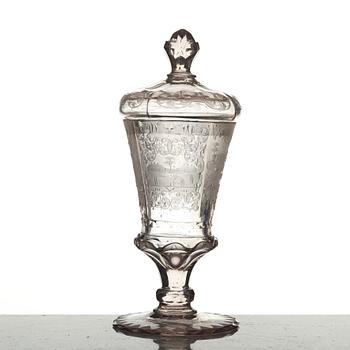 A cut and engraved armorial wine goblet with cover, Germany, 18th Century, presumably Potsdam.