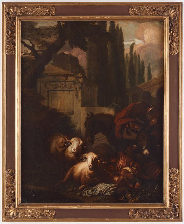 Philipp Peter Roos (Rosa di Tivoli) Follower of, Archaic landscape with livestock.