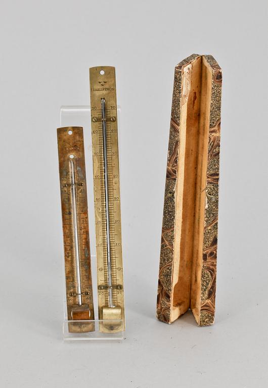 TERMOMETRAR, 2 st, metall, Sverige, 1800-tal.