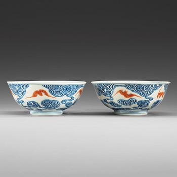 1740. A pair of blue and white 'bats' bowls, China, 20th century, with Guangxu six character mark.