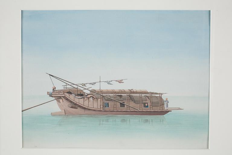A set of four watercolours by anonymous Chinese artist, representing "Chinese Djonks and Sampans, Ships and Boats forwarded to Stockholm from Canton in the year 1784, by the Swedish Ship Gustavus the Third", Qianlong, circa 1783.
