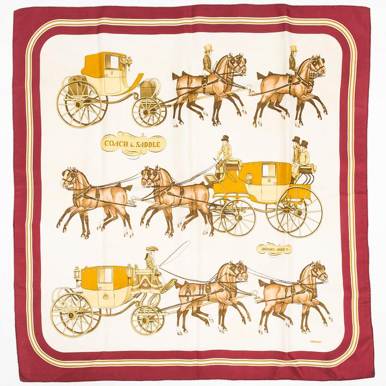 Hermès, huiveja, 2 kpl, "Coach & Saddle" ja "Les Voitures a Transformation".