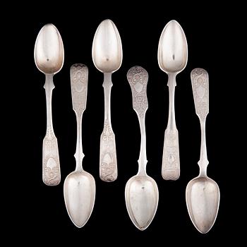 TEELUSIKOITA, 6 kpl, hopeaa, Pietari, Venäjä 1828-1800-luvun puoliväli. Paino 148,7 g.