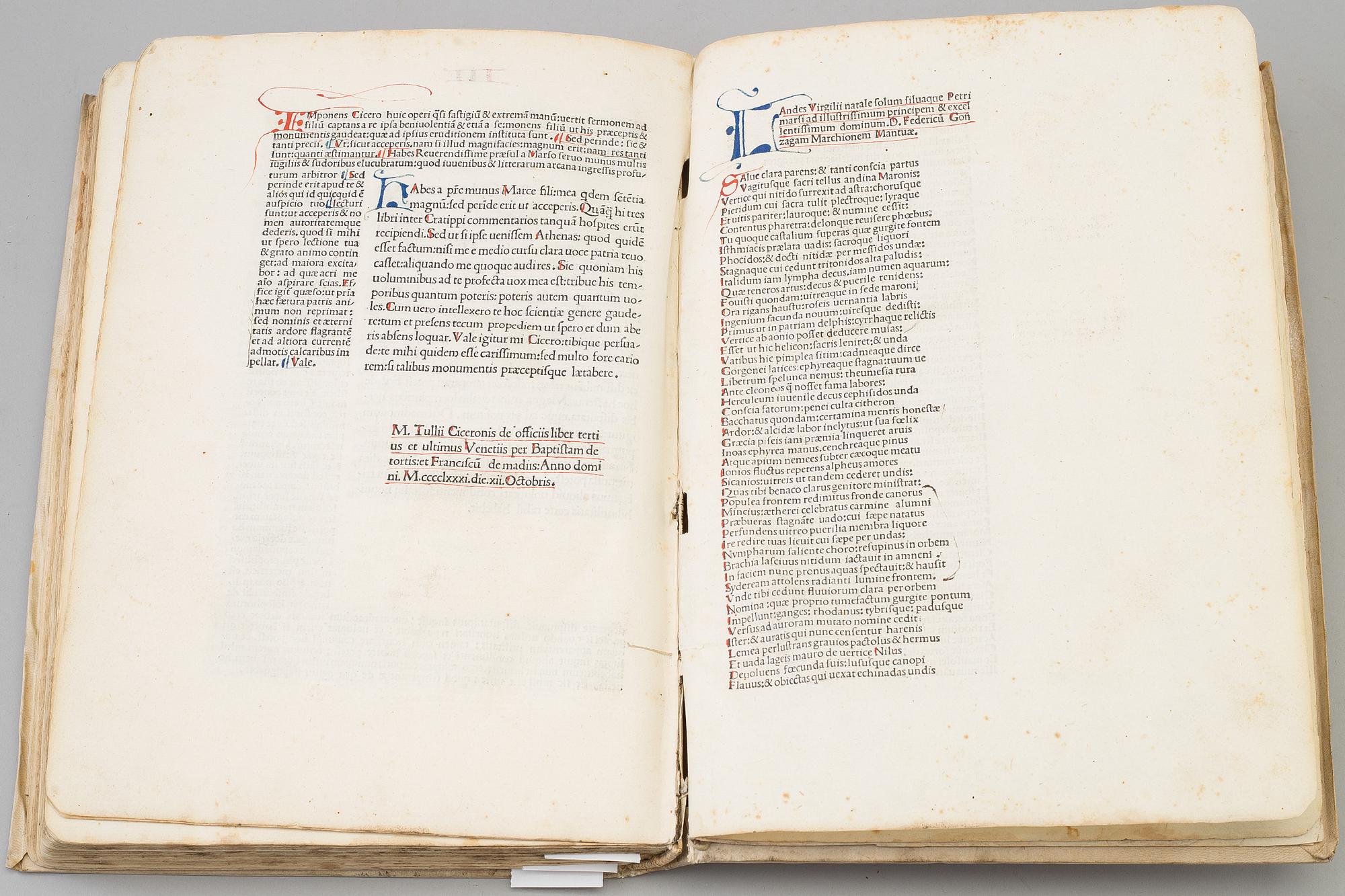 BOK, - Inkunabel, tryckt i Venedig 1481 Cicero: De Officiis.