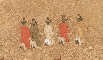 VIKSKÄRM, sex delar, tusch och akvarell på papper. Okänd Japansk konstnär, troligen 1600-tal.