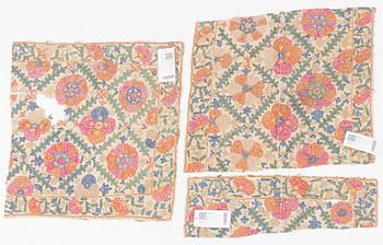 Antique Suzani embroidery fragments, 3 pcs, Uzbekistan, approx. 50 x 55, 53 x 18, and 54 x 48 cm.