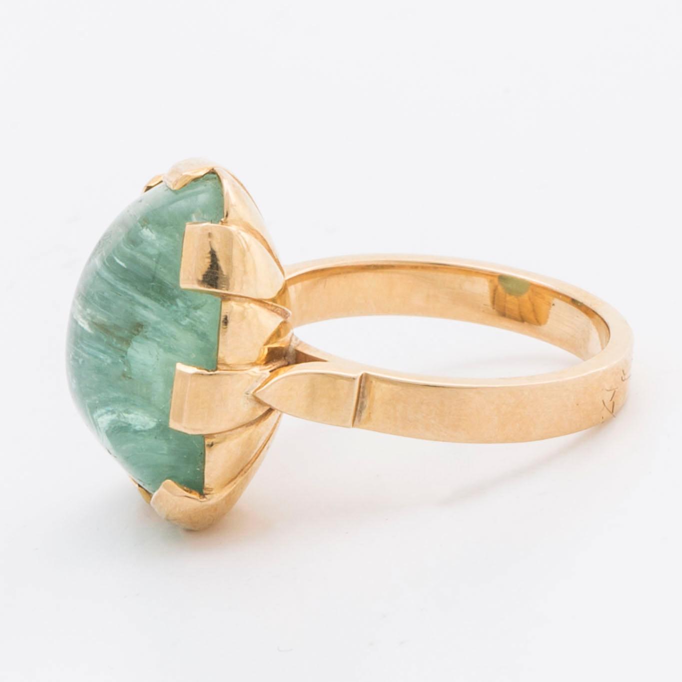 RING 18K gold w green stone probably beryl, Stockholm 1982.
