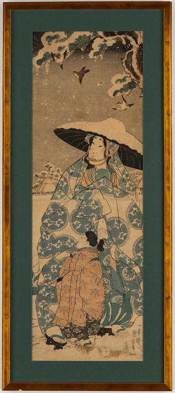 Utagawa Kuniyoshi, a woodcut in colours, diptych, circa 1850.