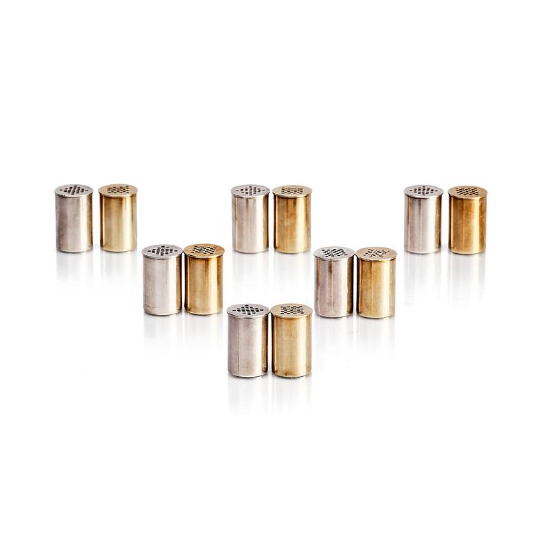 Wiwen Nilsson, six pairs of sterling silver and gilt silver salt and pepper shakers, Lund 1951.