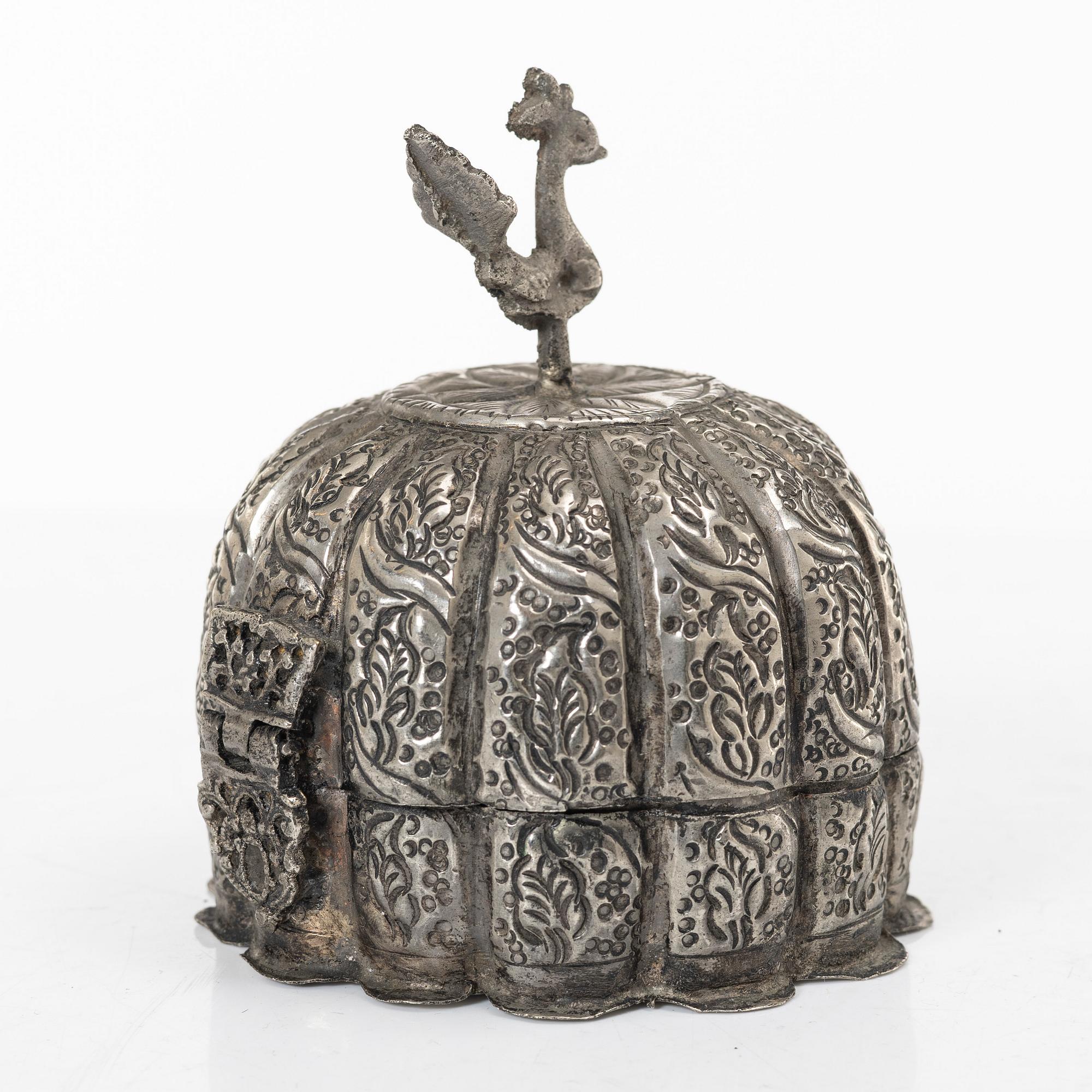 A silver on metal Mughal style box, India, circa 1900.