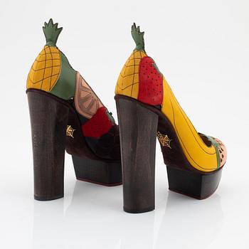 Charlotte Olympia, a pair of leather, suede and wood pumps, size 36.