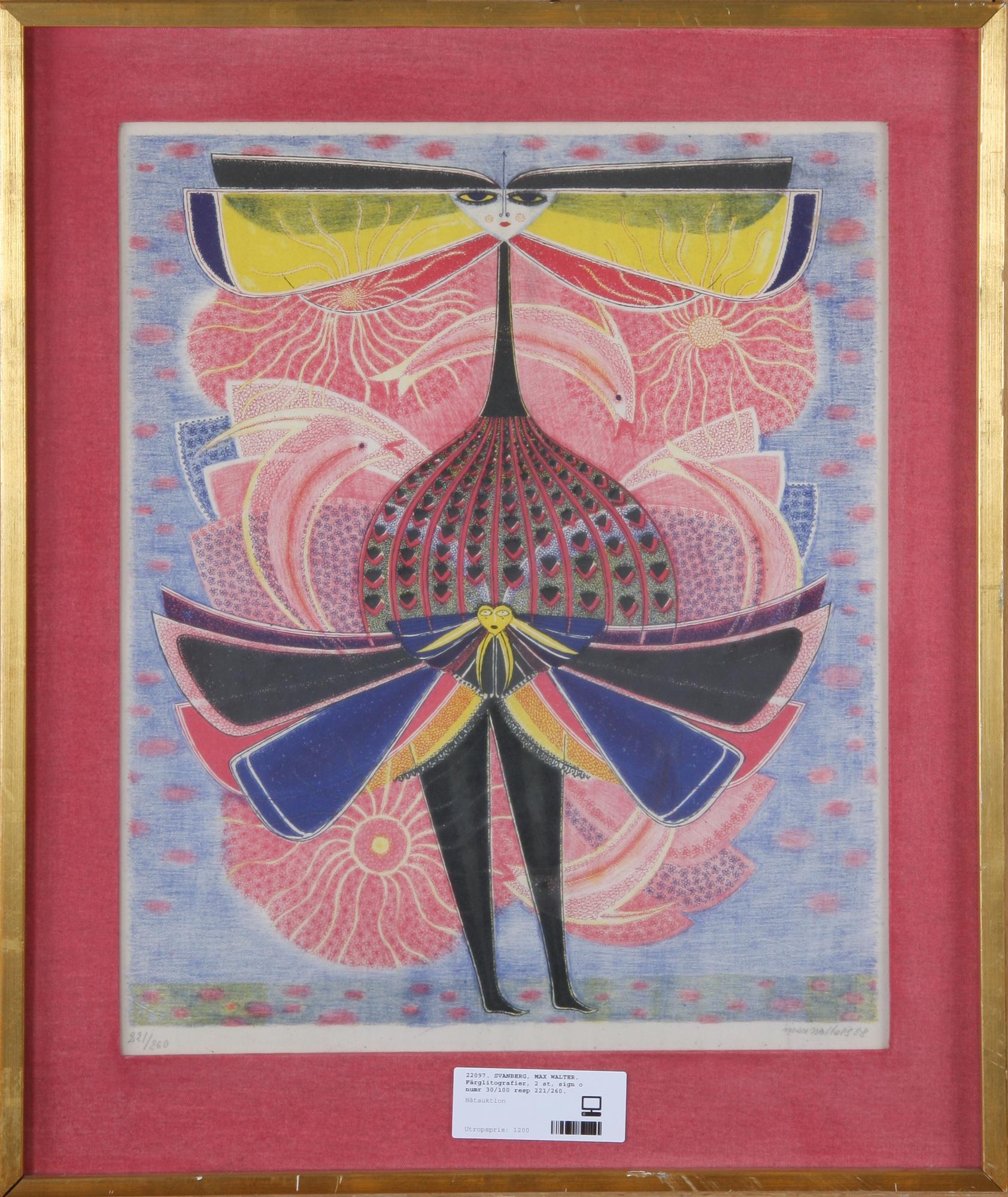 SVANBERG, MAX WALTER. Färglitografier, 2 st, sign o numr 30/100 resp 221/260.