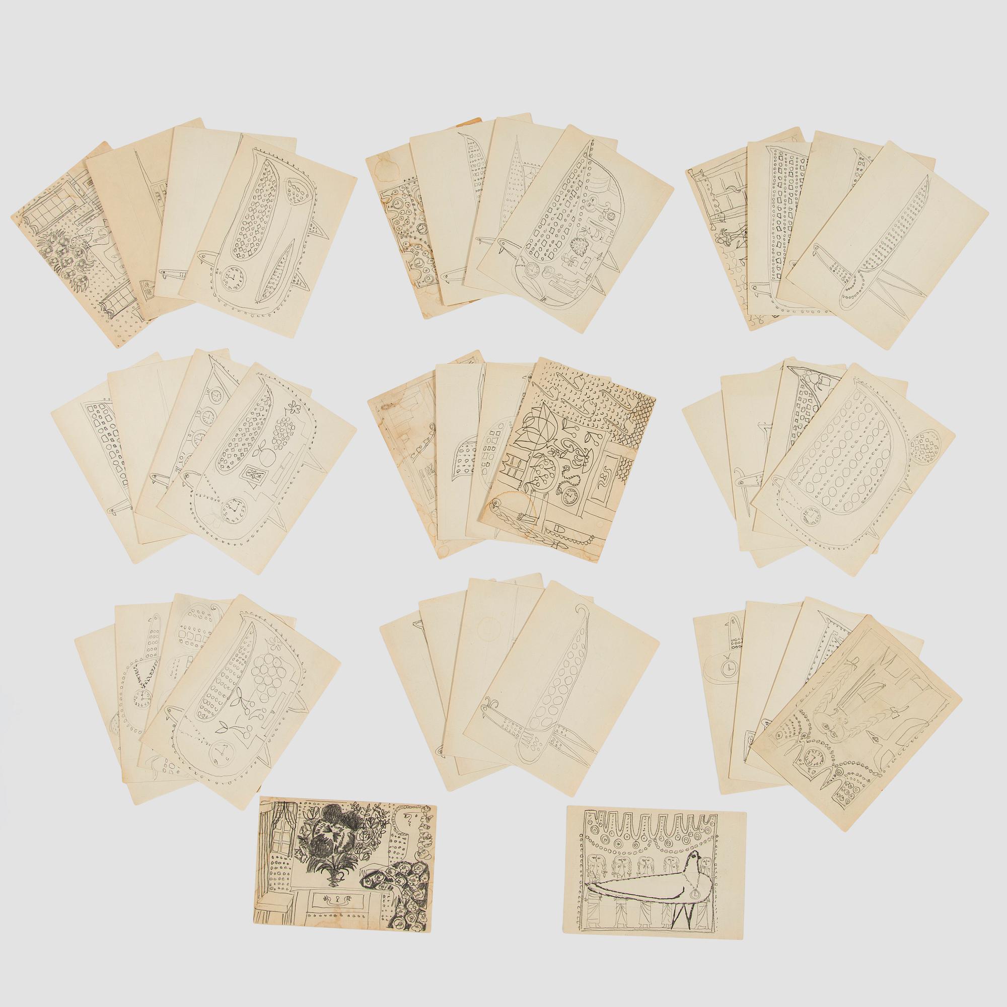 Birger Kaipiainen, samling originalskisser, 38 st, blyerts, på Rörstrands avlöningskontorets konteringskort, 1954 - 1958.