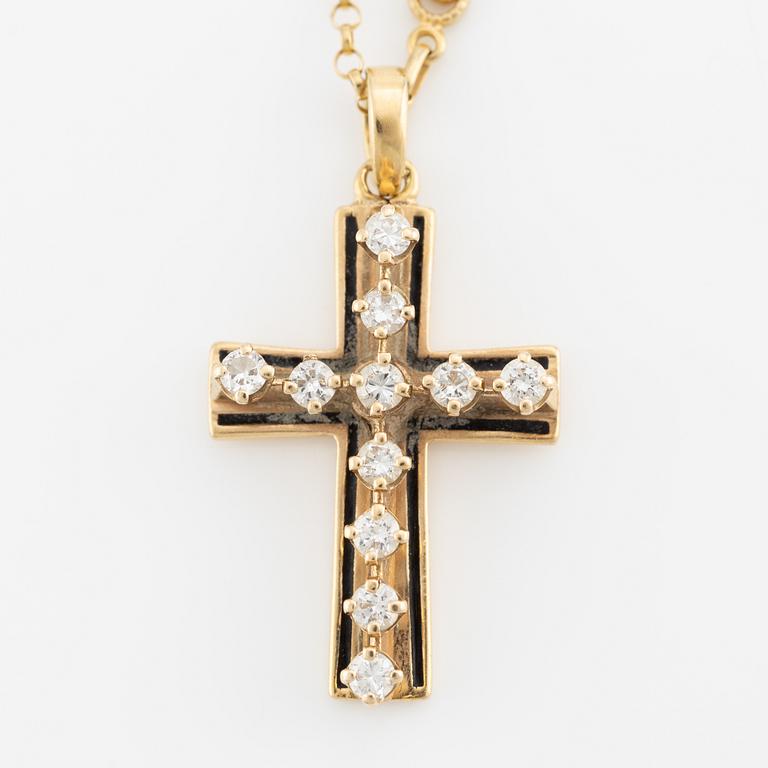 Pendant in the form of a cross with a chain, 14K gold with enamel and round brilliant-cut diamonds.