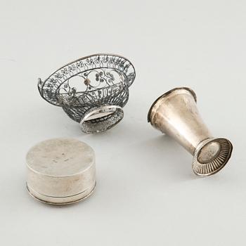 A silver box, a beaker and a basket, partly Sweden, 19th century.