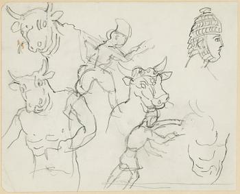 Hilding Linnqvist, pencil drawings, 2 + 3, framed together.