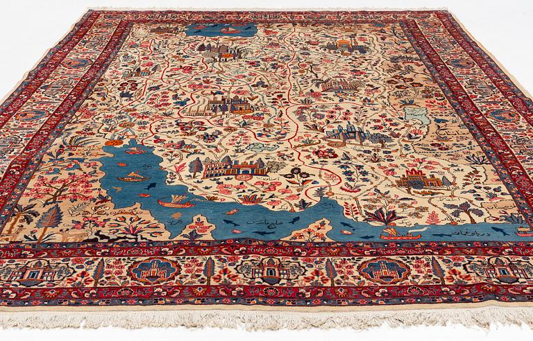 A carpet, semi-antique, Mashad, figural, ca 402 x 298 cm.