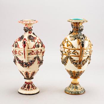 A set of two Rörstrand majolica urns around 1900.