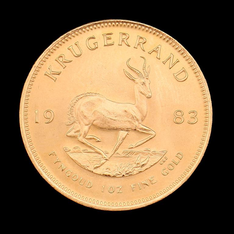 GULDMYNT, finguld, Krugerrand, Sydafrika, 1983. Vikt ca 34 g.