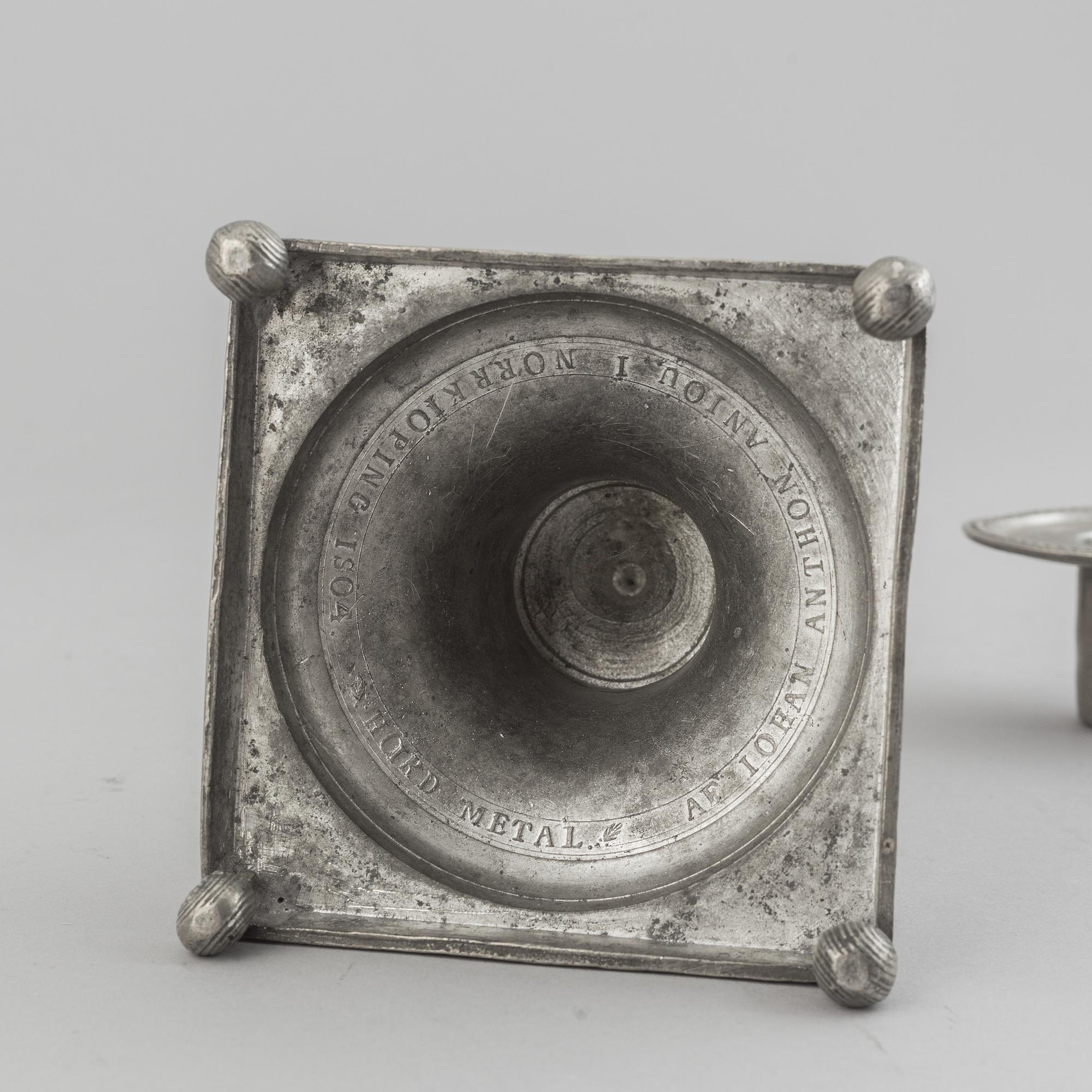A pair of pewter candle stick by Anjou, Norrköping 1804.