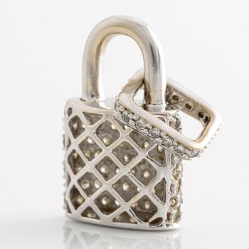 Pendant in the form of a padlock in 18K white gold with round brilliant-cut diamonds.