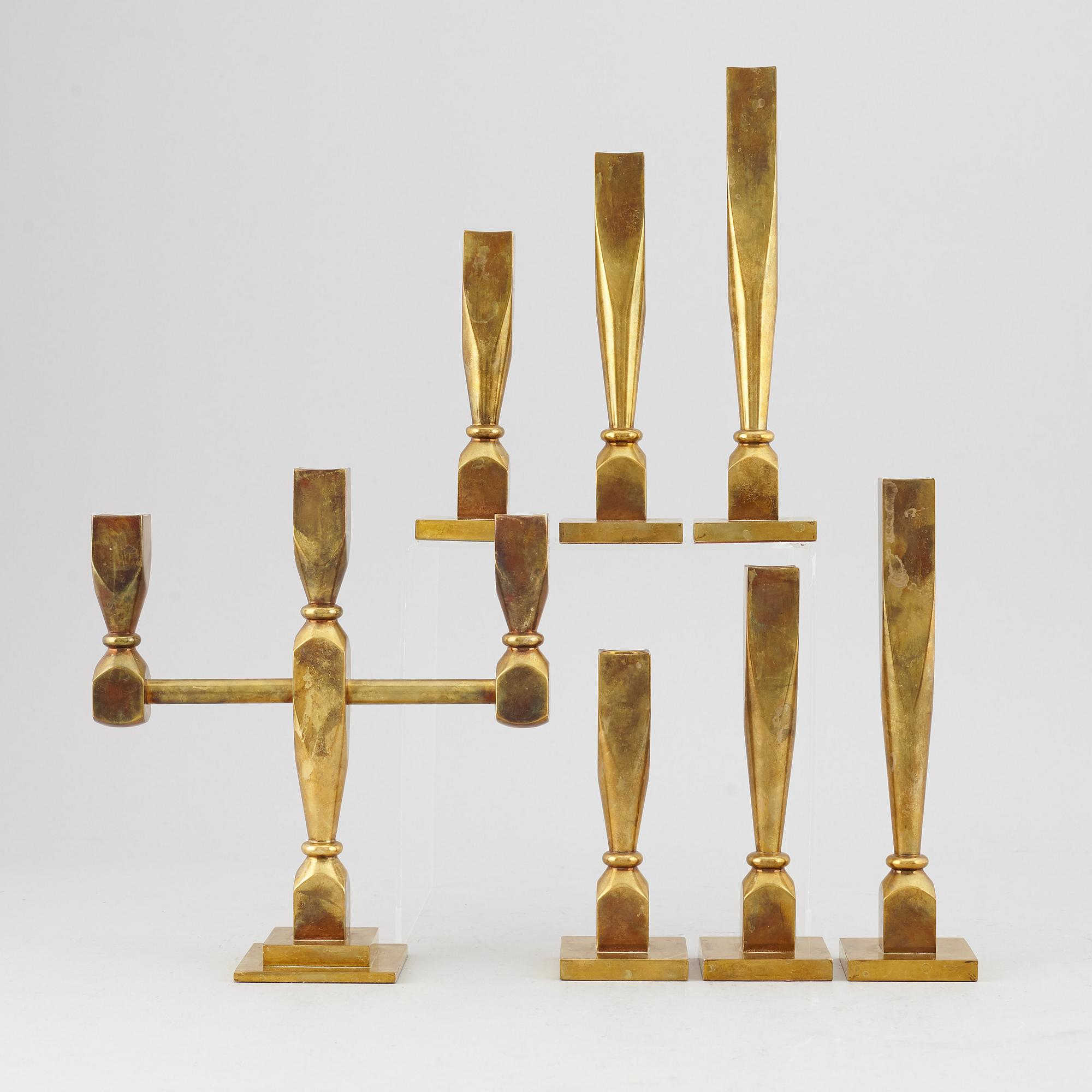 Six candlesticks and one candelabra, Gusum GoProduct AS, brass.