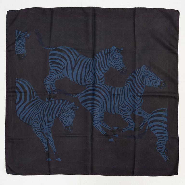 Hermès, a 'Les Zebres' silk scarf.