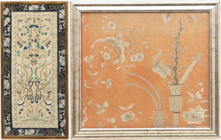 Two Chinese silk embroideries, late Qing dynasty / around 1900.