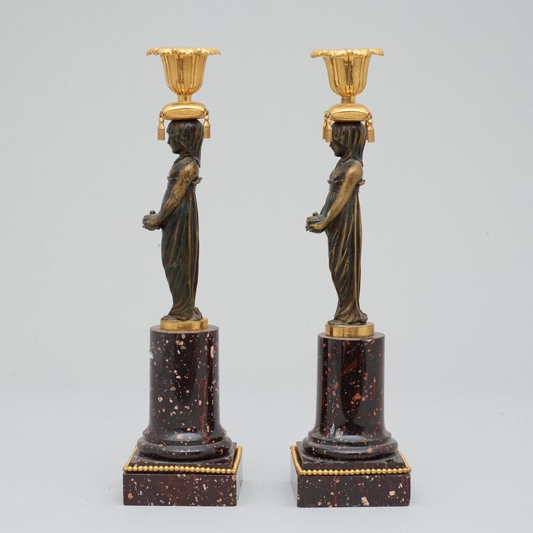 A pair of late Gustavian circa 1800 porphyry candlesticks.