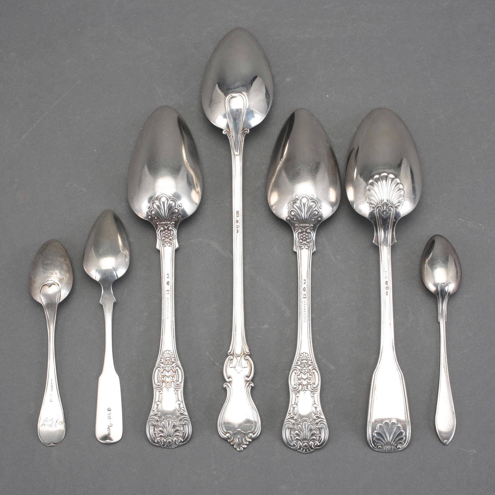PARTI SKEDAR, 7st, silver, bla Adolf Zethelius, Stockholm, 1845. Total vikt ca 402g.