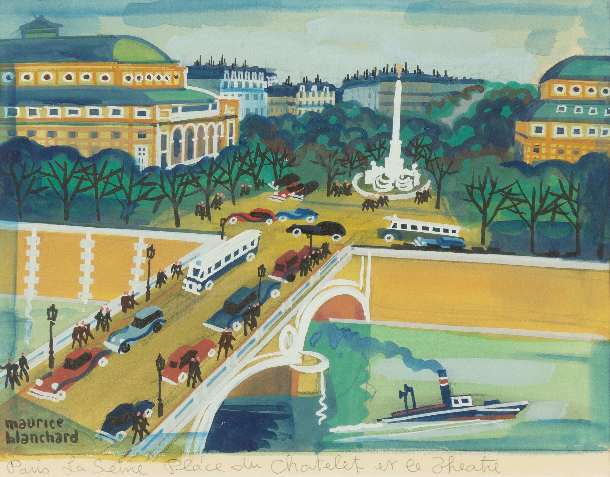 Maurice Blanchard,  "Paris, La Seine, Place du Chatelet et le Theatre".