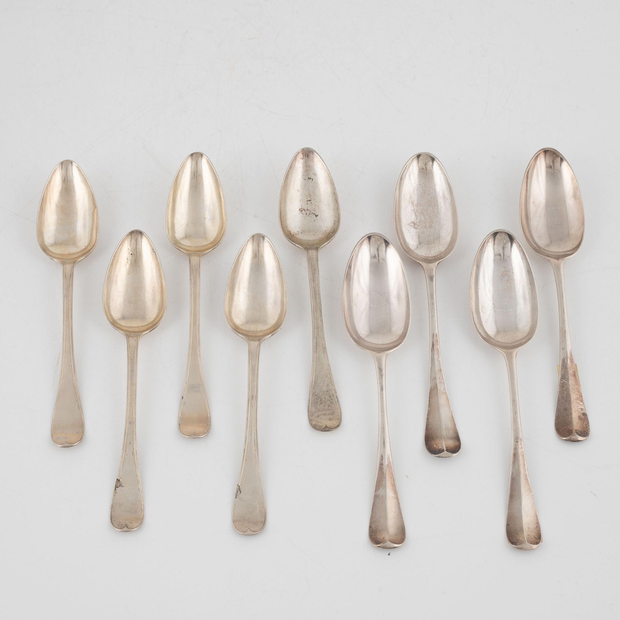 Four english place spoons, including William Soame, London, 1734, and five place spoons by Nils Wendelius, Sweden, 1837.