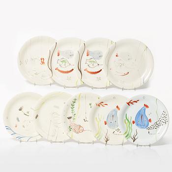 Stig Lindberg, plates 9 pcs, "Löja", Gustavsberg 1948-62.