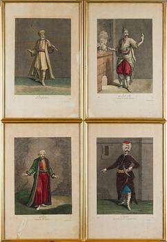 EIGHTEEN ENGRAVINGS, from Le Recueil Ferriol, ca 1714, hand coloured.