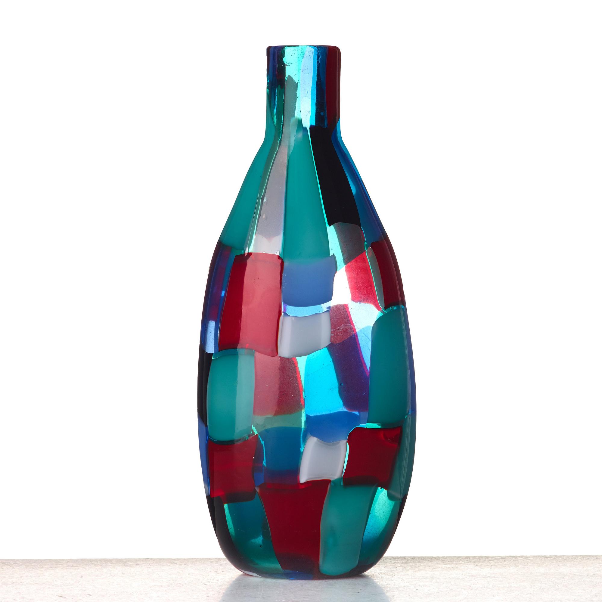 Fulvio Bianconi, a pezzato (patchwork pattern) glass bottle, Venini, Italy 1950's.