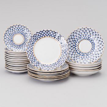 A "Cobolt net" porcelain tableware set, consisting of 45 pieces, Lomonosov, late 20th century.