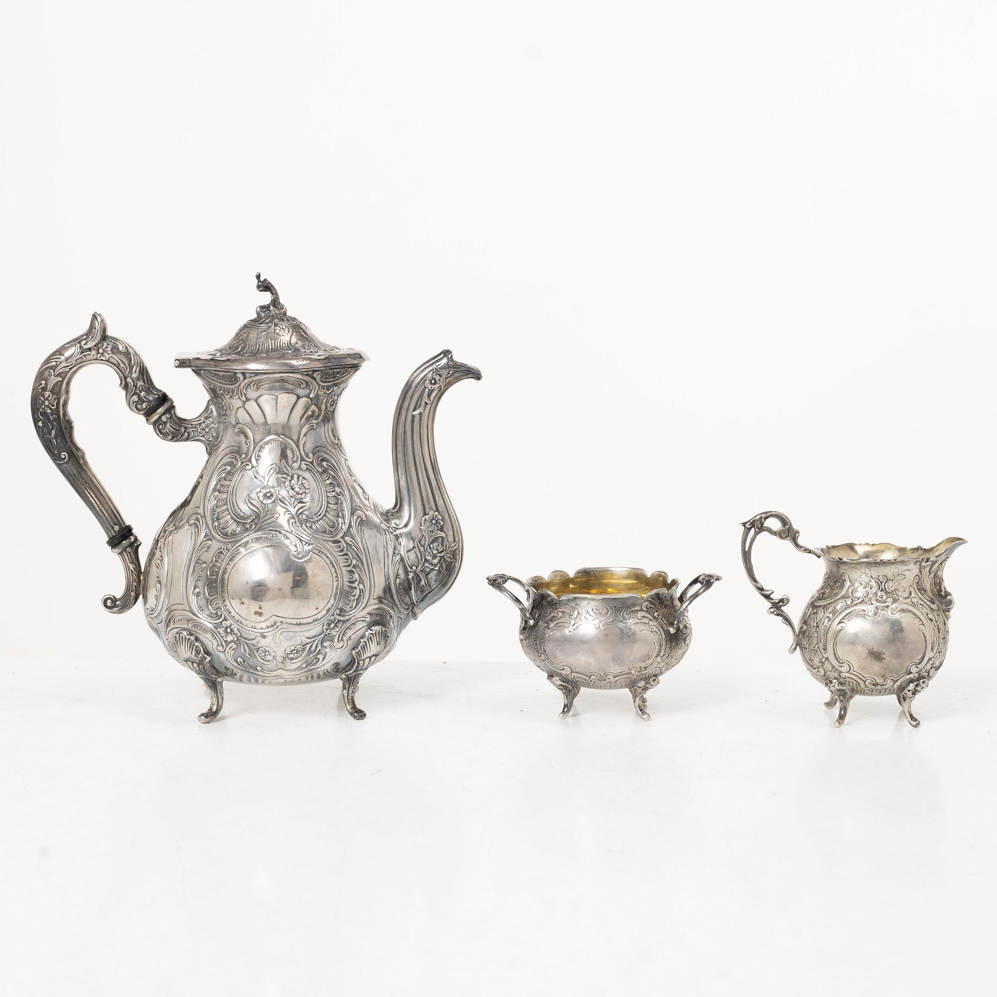 Georg Wessfelt, A Rococo style three piece silver coffee service, Malmö 1959 and 1965.